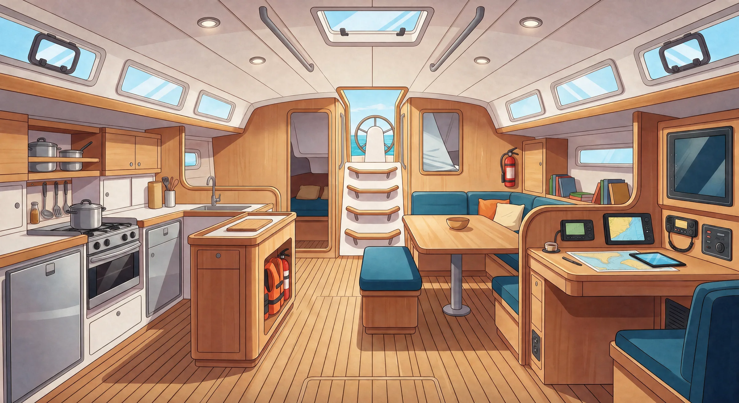 Illustrated sailboat cabin showing the areas ClearShip helps you manage